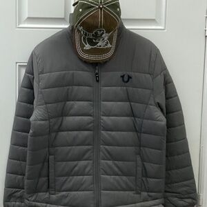True religion PUFFER JACKET With True Religion Distressed Trucker hat.